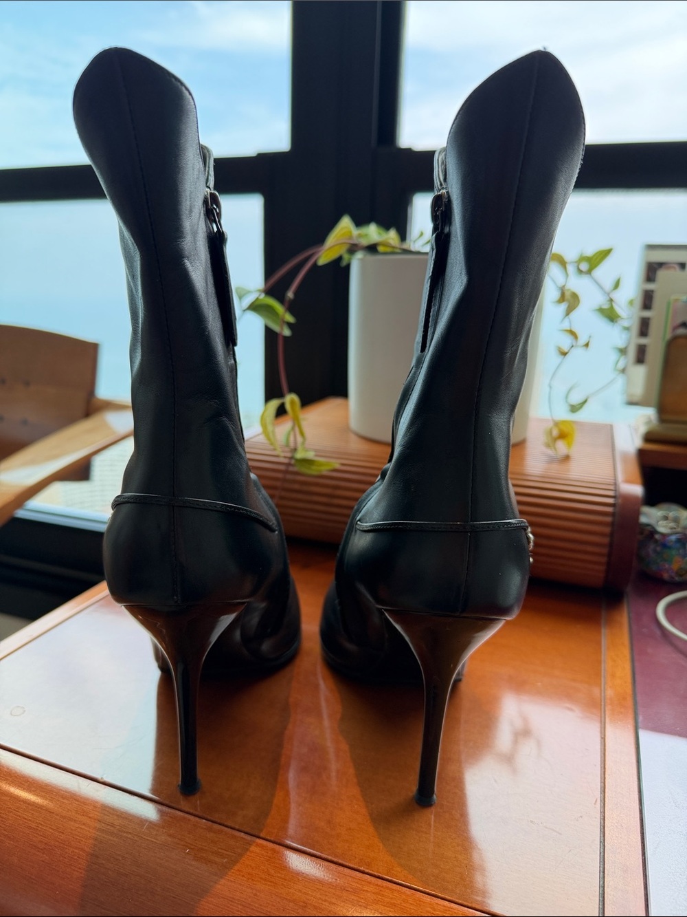Giuseppe Zanotti Black Leather Stiletto Ankle Boots with Crystal Flower Accent - Picture 4 of 5